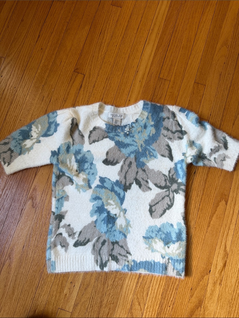 Rachel Zoe Cream Crewneck Sweater with Blue Taupe and Green Floral Print